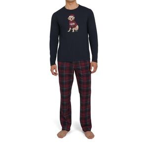Chaps Ralph Lauren Navy Long Sleeve Pajama Set with  Plaid Pants sz Large